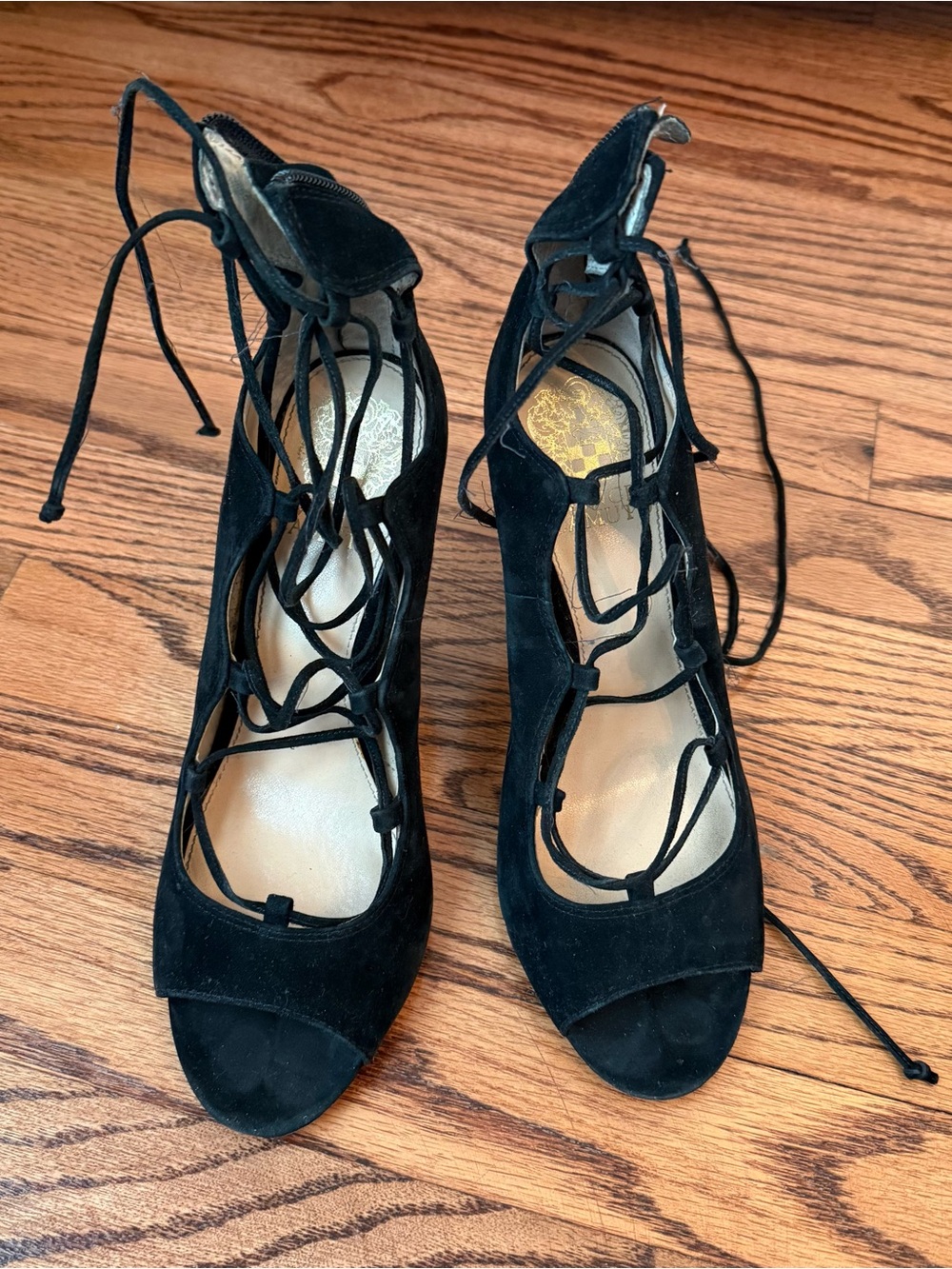 Vince Camuto Black Suede Lace-Up Peep-Toe Heels